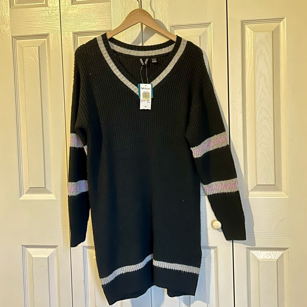 Roxy Black Sweater with Gray and Pink Stripes